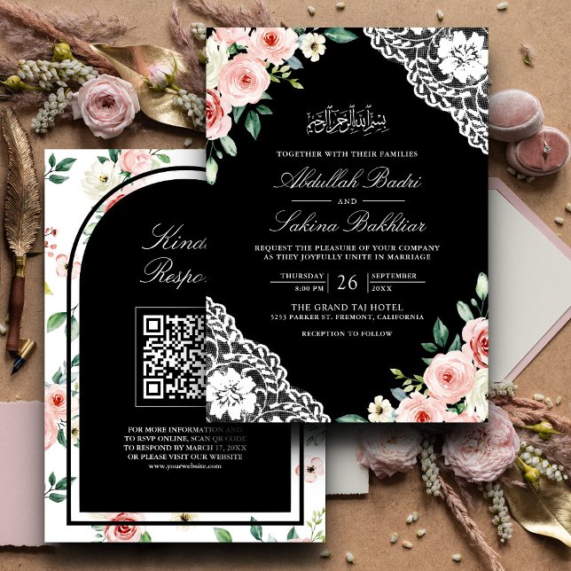 Convite Código QR de Renda Preta com Floral Rosa para Casa (Criador carregado)