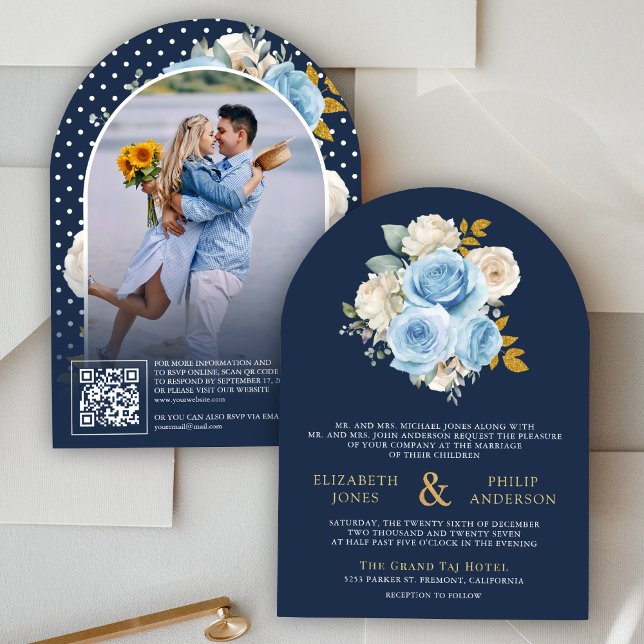 Convite Código QR de Rosas Florais de Marfim Azul Foto de  (Criador carregado)