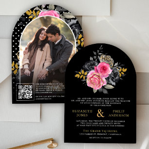 Convite Código QR de Rosas Florais Fúcsia Foto Preta Casam