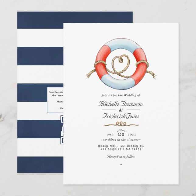 Convite Código QR de RSVP de aquarela Casamento Náutico (Frente/Verso)