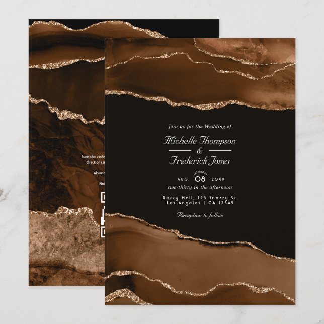 Convite Código QR de RSVP de aquarela de Ágata Dourada do  (Frente/Verso)