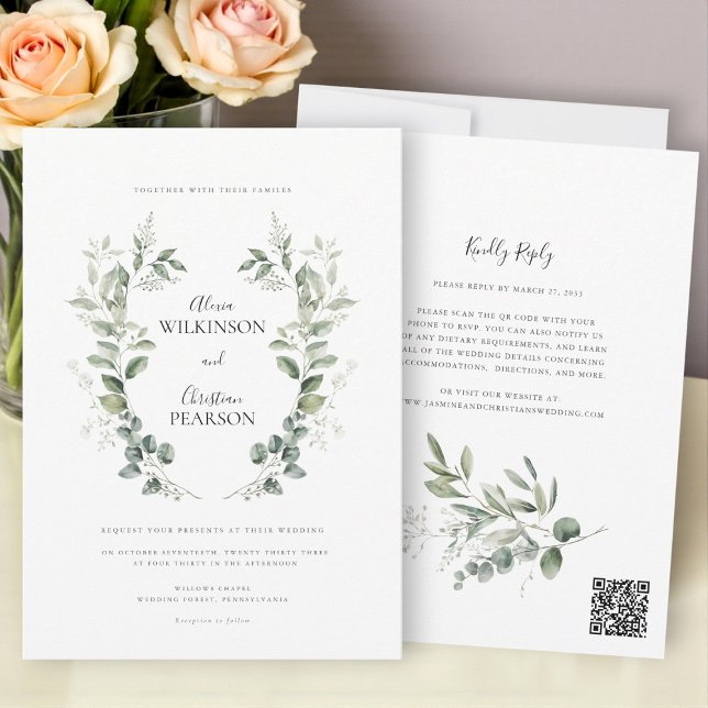 Convite Código QR de RSVP de casamento com greenery de euc (Criador carregado)