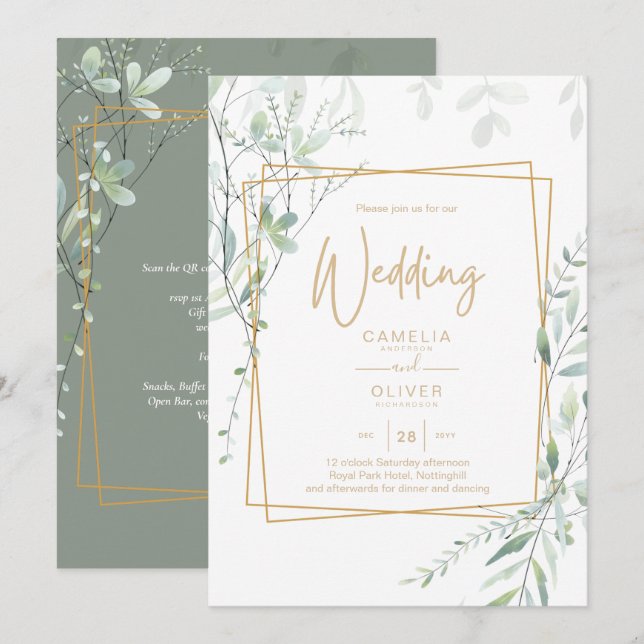 Convite Código QR de RSVP de casamento com verde moderno (Frente/Verso)