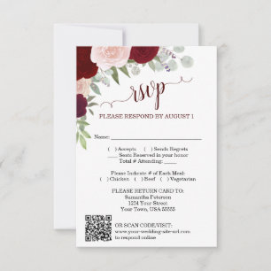 Convite Código QR de RSVP de casamento de rosas boho Burgu