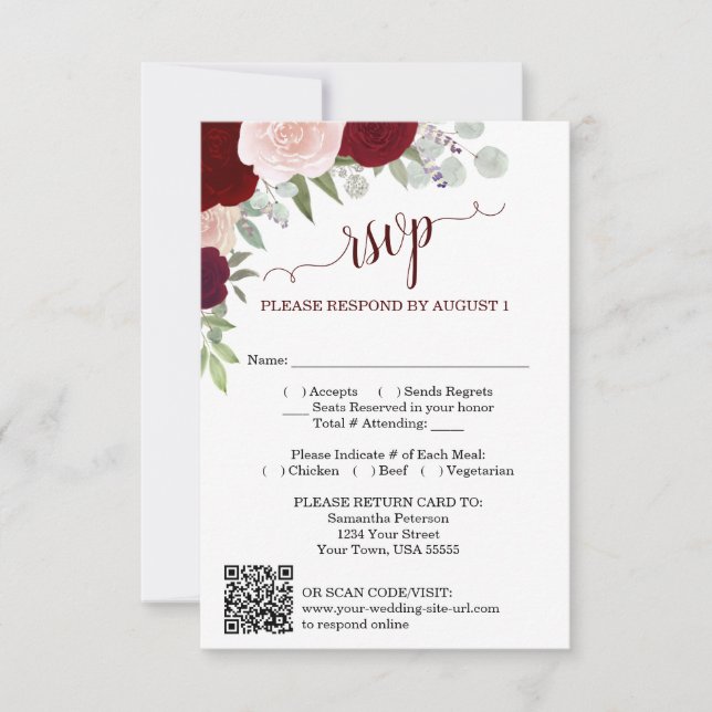 Convite Código QR de RSVP de casamento de rosas boho Burgu (Frente)