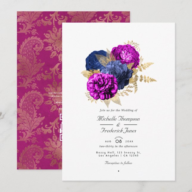 Convite Código QR de RSVP de casamento floral dourado e az (Frente/Verso)