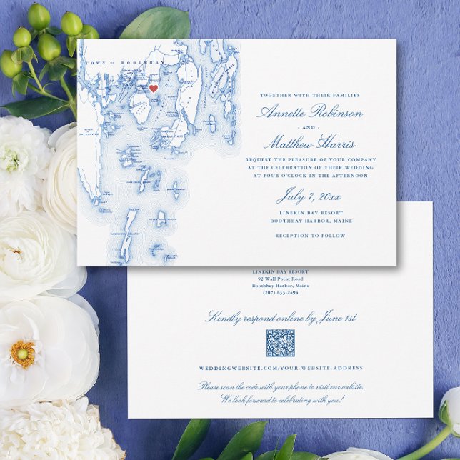 Convite Código QR de RSVP de casamento tudo-em-um do Linek (Linekin Bay Resort Budget Wedding Invitation with QR Code in elegant navy blue by Coastal Map Design)