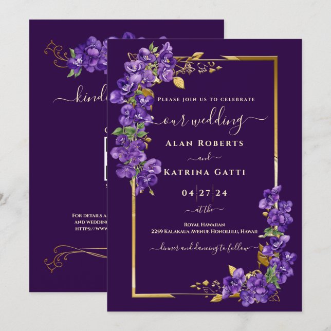 Convite Código QR de RSVP de Casamento Violeta Roxo Escuro (Frente/Verso)