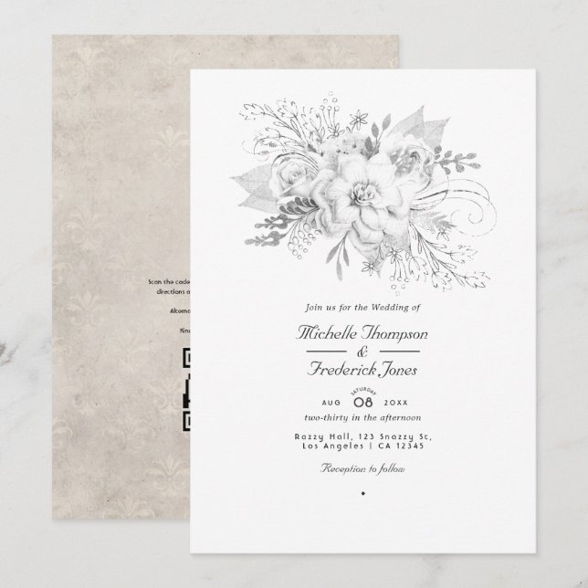 Convite Código QR de RSVP de Floral de Casamento Branco (Frente/Verso)