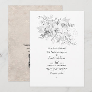 Convite Código QR de RSVP de Floral de Casamento Branco