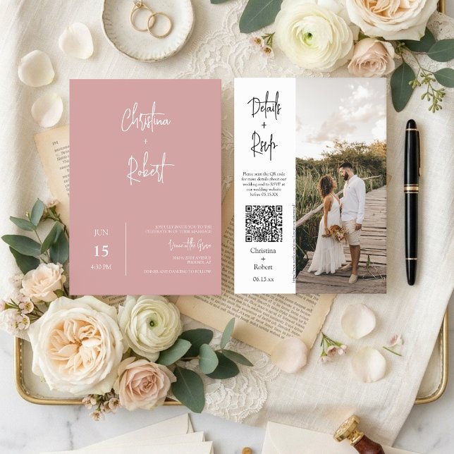 Convite Código QR de RSVP de Foto de Casamento Boho Rosa E (Criador carregado)
