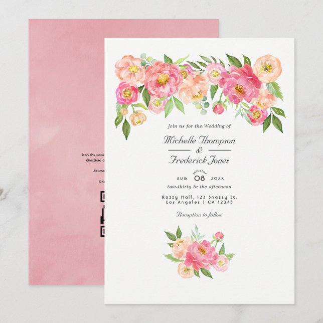 Convite Código QR de RSVP de Peônia em Aquarela Rosa Paste (Frente/Verso)