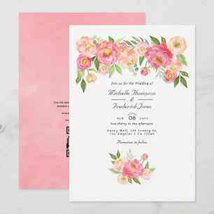 Convite Código QR de RSVP de Peônia em Aquarela Rosa Paste