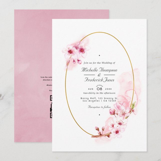 Convite Código QR de RSVP do casamento com flor de cerejei (Frente/Verso)