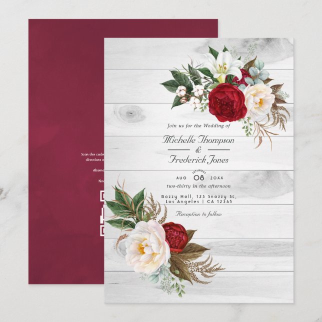 Convite Código QR de RSVP Floral Boho Borgonha Casamento B (Frente/Verso)