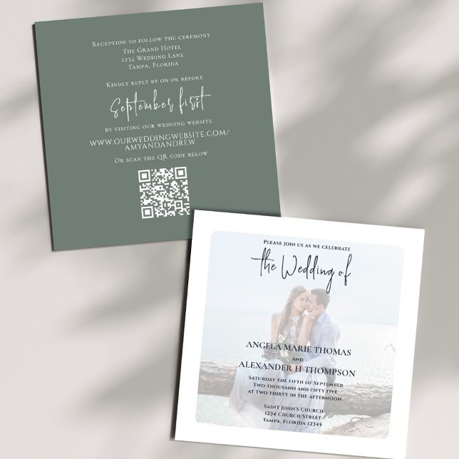 Convite Código QR de RSVP Online Simples Musgo Verde Foto (Elegant photo Moss Green wedding invitation with a scannable QR code.)