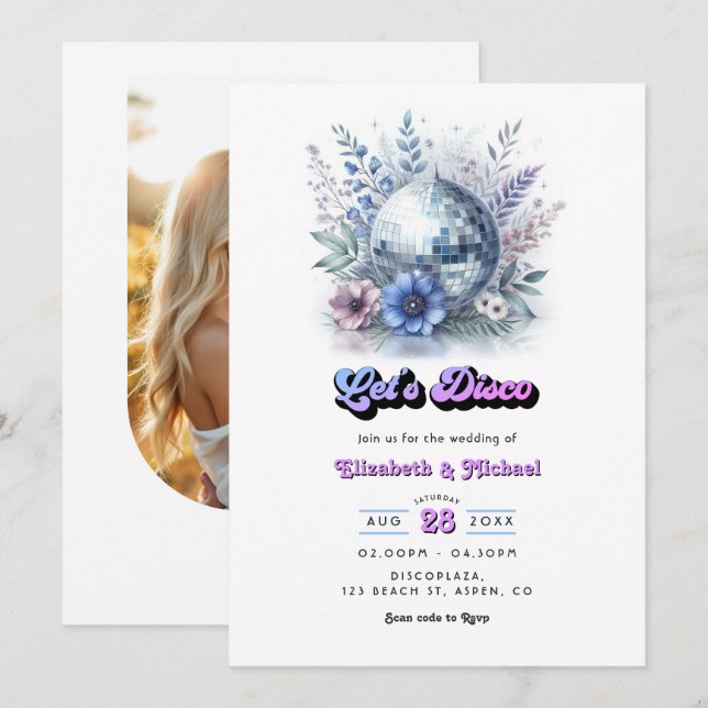 Convite Código QR de RSVP para Casamento no Retro Disco Ga (Frente/Verso)