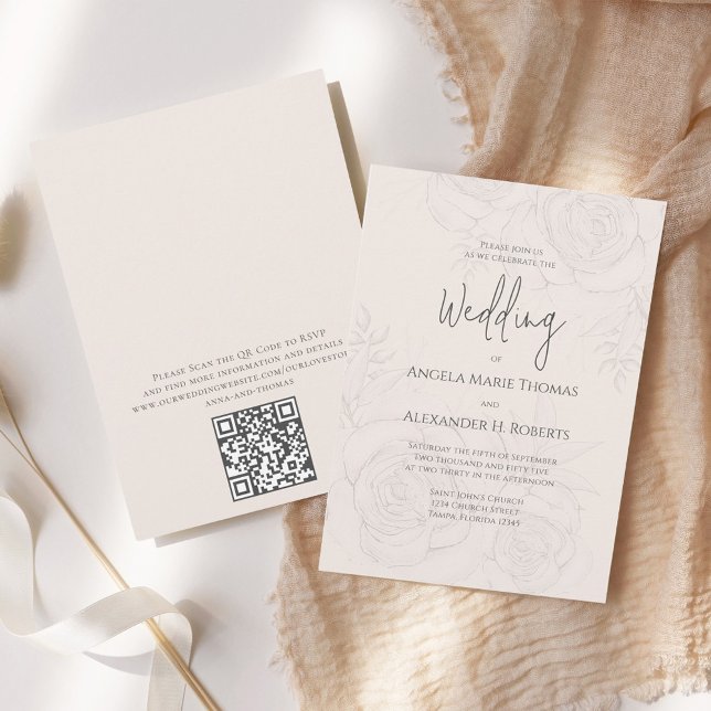 Convite Código QR de Script de Caligrafia Floral Elegante  (Elegant blush floral wedding invitation with elegant calligraphy script. with QR Code. )