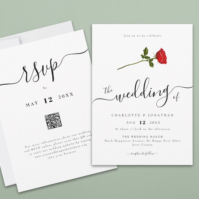 Convite Código QR de Script Elegante de Rosa vermelha Simp (Simple red rose watercolor flower elegant script wedding qr code invitation Modern romantic )