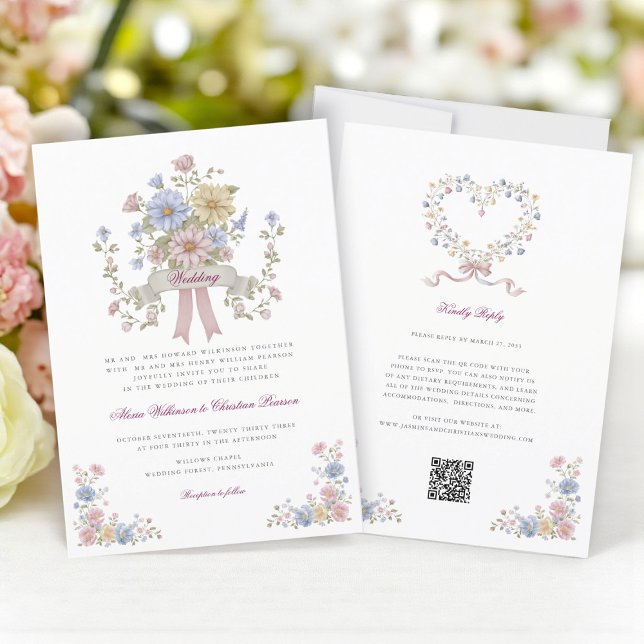 Convite Código QR de site de casamento floral simples tudo (Criador carregado)