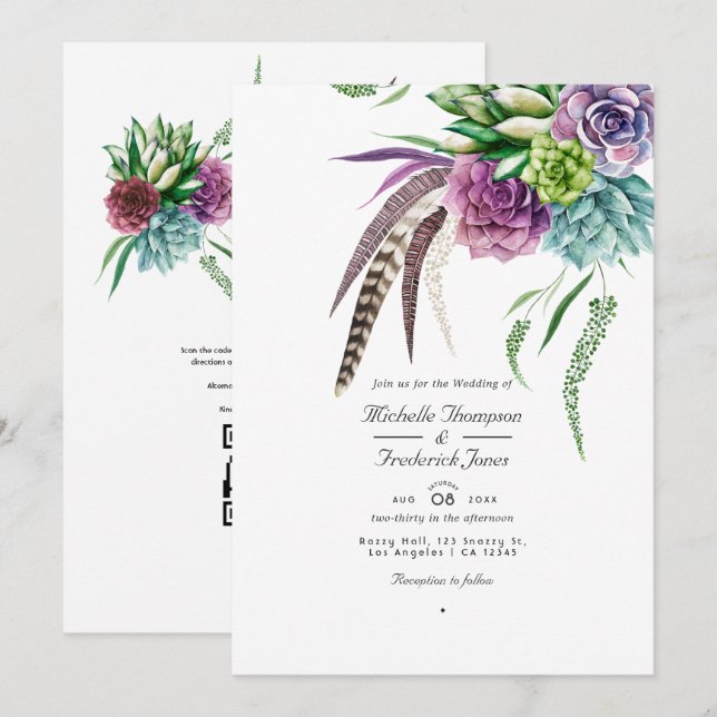Convite Código QR de Suculenta Mística RSVP Casamento Boêm (Frente/Verso)
