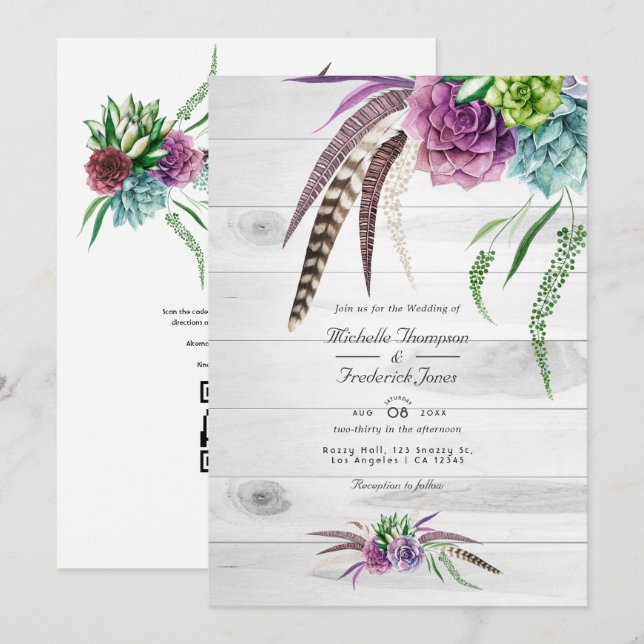 Convite Código QR de Suculentas em Aquarela Casamento Boêm (Frente/Verso)