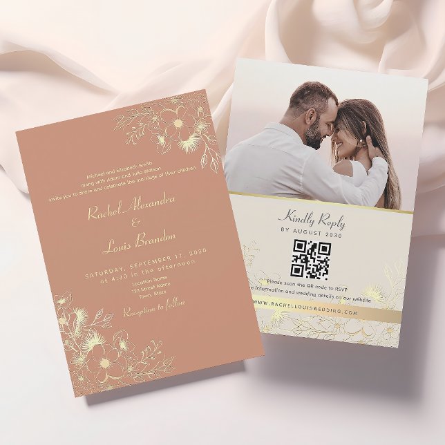 Convite Código QR de Terracota Floral para Casamento (Criador carregado)