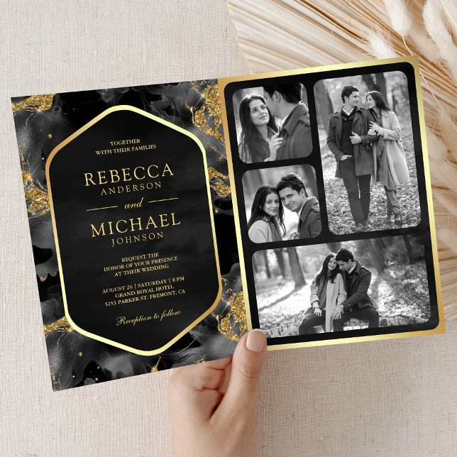 Convite Código QR de Tinta Fluida Abstrata Dourada a Carvã (Criador carregado)