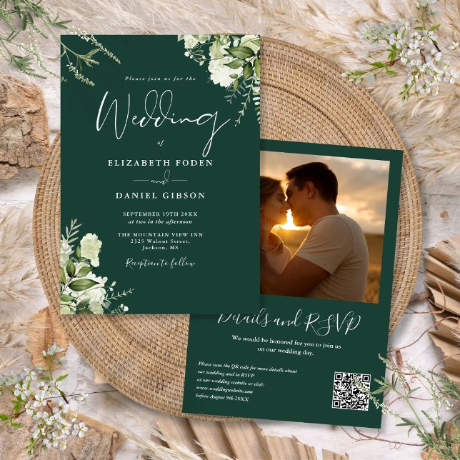 Convite Código QR de Verdejaria Foto Casamento Verde Esmer (Greenery QR Code Photo Emerald Green Wedding Invitation)