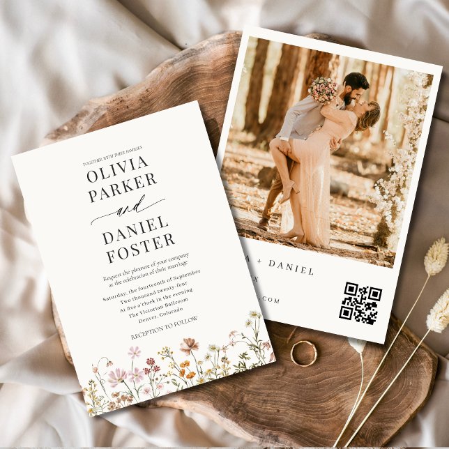 Convite Código QR de Wildflower Foto Boho Casamento Minima (Criador carregado)