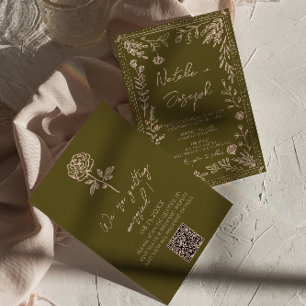 Convite Código QR Desenhado à Mão Campos Florais Casamento