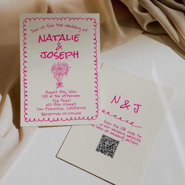 Convite Código QR Desenhado à Mão Rosa Vibrante Retro Funk (Criador carregado)