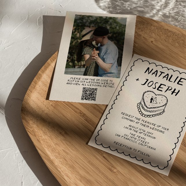 Convite Código QR Desenho à Mão Bolo Foto Casamento (Criador carregado)