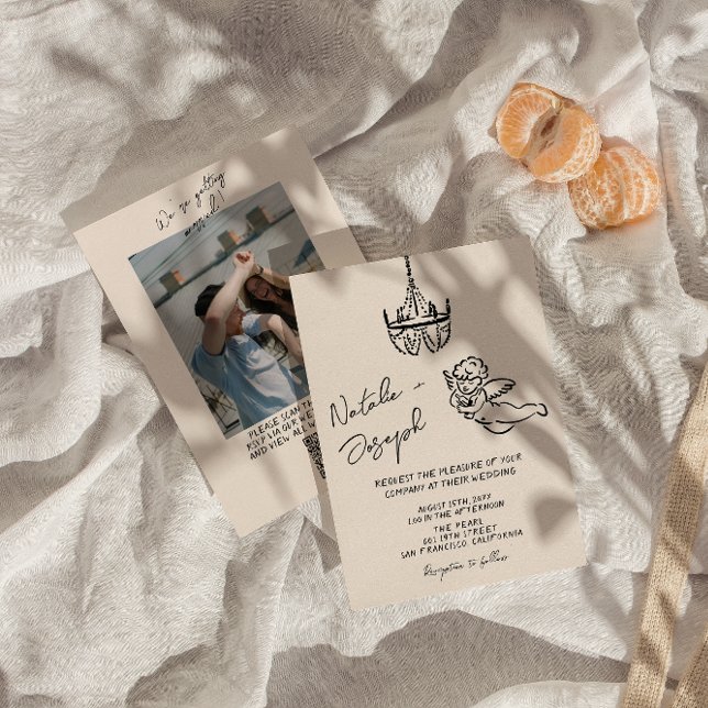 Convite Código QR Desenho Foto Cupida Escrita Casamento Re (Criador carregado)