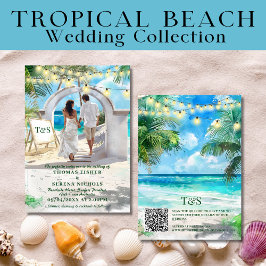 Convite Código QR Destino de Casamento de Praia Tropical