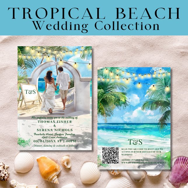 Convite Código QR Destino de Casamento de Praia Tropical (Criador carregado)