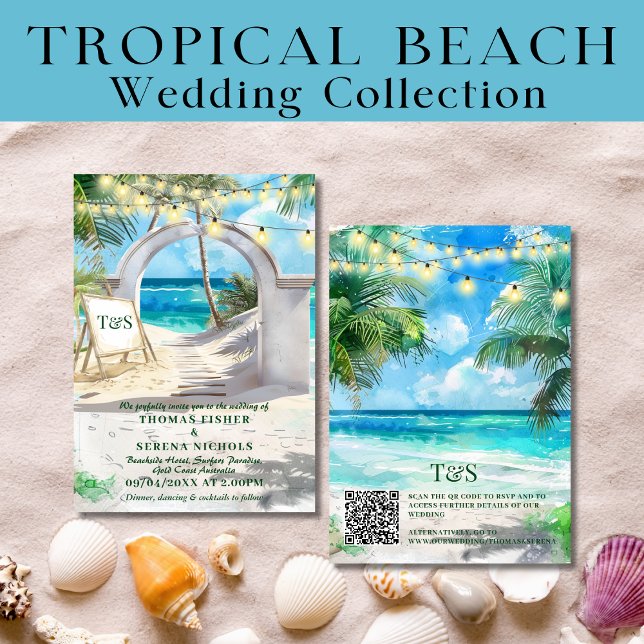 Convite Código QR Destino de Casamento de Praia Tropical (Criador carregado)