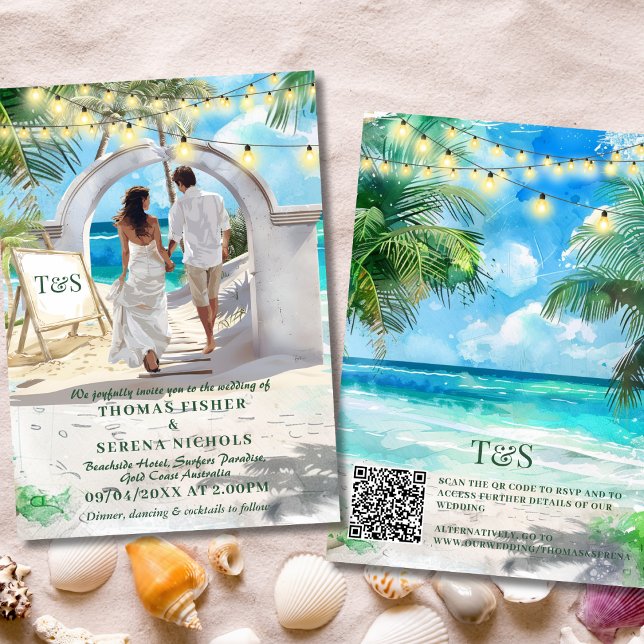 Convite Código QR Destino de Casamento de Praia Tropical (Criador carregado)