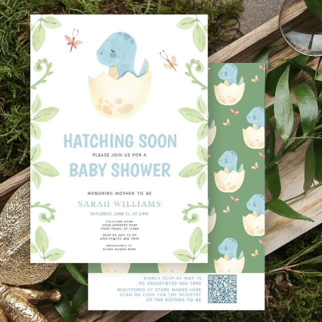 Convite Código QR - Dinossauro Cortado Hatching Logo Chá d (Get ready for a Jurassic celebration with our adorable dinosaur baby shower invitations! 🦕)