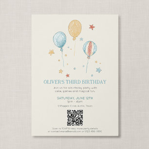 Convite Código QR Diversão Mágica Balão Vintage Aniversári