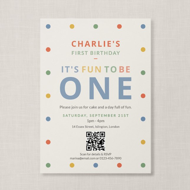 Convite Código QR Diversão Para Ser Um Primeiro Aniversári (Color Pop - QR Code Fun to Be One Invitation)