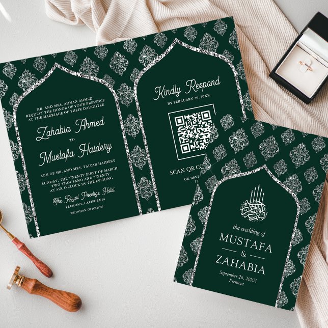 Convite Código QR do Arco Damask Prata Esmeralda Casamento (Criador carregado)