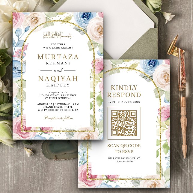 Convite Código QR do Arco Dourado Floral Suave Casamento M (Criador carregado)