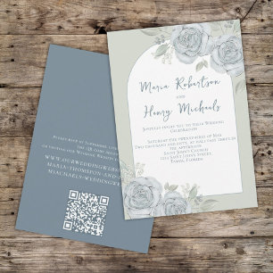 Convite Código QR do Arco Floral Azul Dusty com Aquarela E