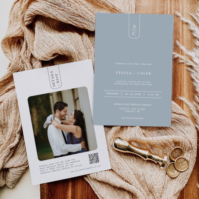 Convite Código QR do Arco Geométrico Mínimo Azul Moderno (Criador carregado)