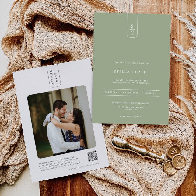 Convite Código QR do Arco Geométrico Mínimo Verde Moderno (Criador carregado)