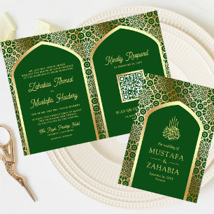 Convite Código QR do Arco Persa Dourado Verde Casamento Mu