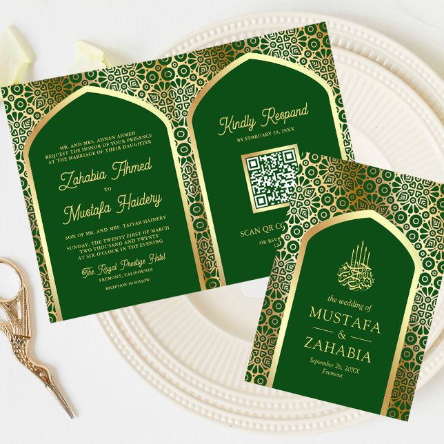 Convite Código QR do Arco Persa Dourado Verde Casamento Mu (Criador carregado)