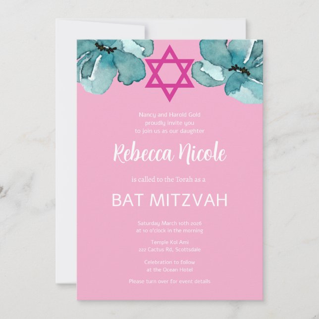 Convite Código QR do Bat Mitzvah Rosa (Frente)