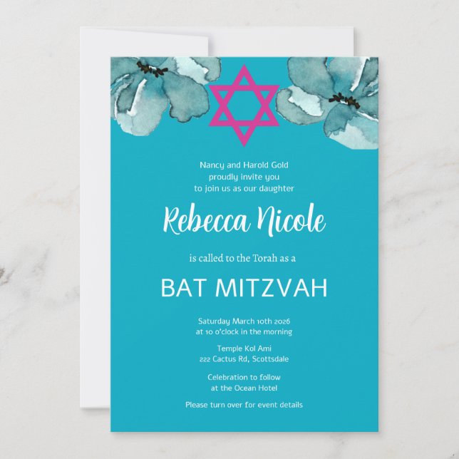 Convite Código QR do Bat Mitzvah Rosa (Frente)